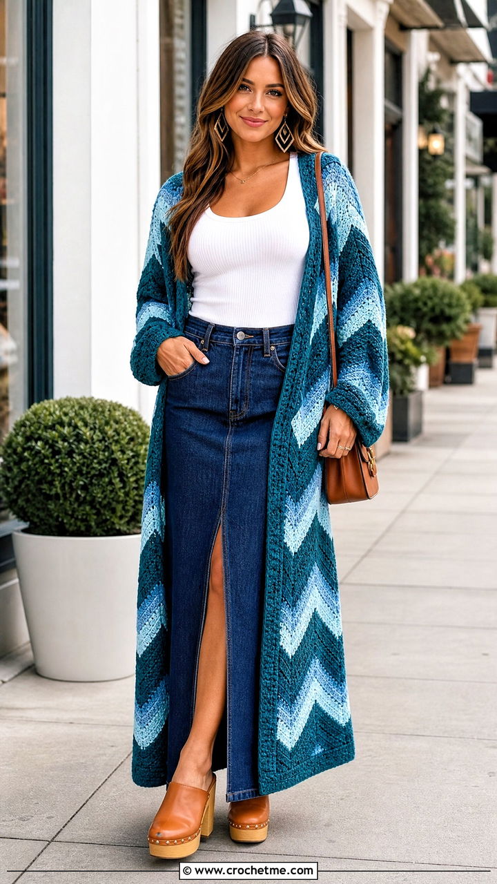 Chevron Crochet Duster Cardigan With Denim Maxi Skirt - 35 crochet duster cardigan outfit ideas