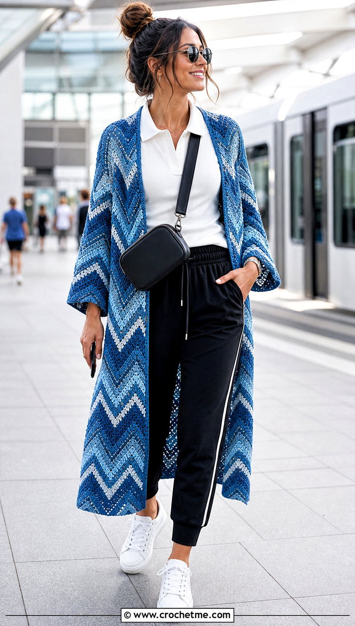 Chevron Crochet Duster With Track Pants And Sneakers - 25 crochet duster outfit ideas