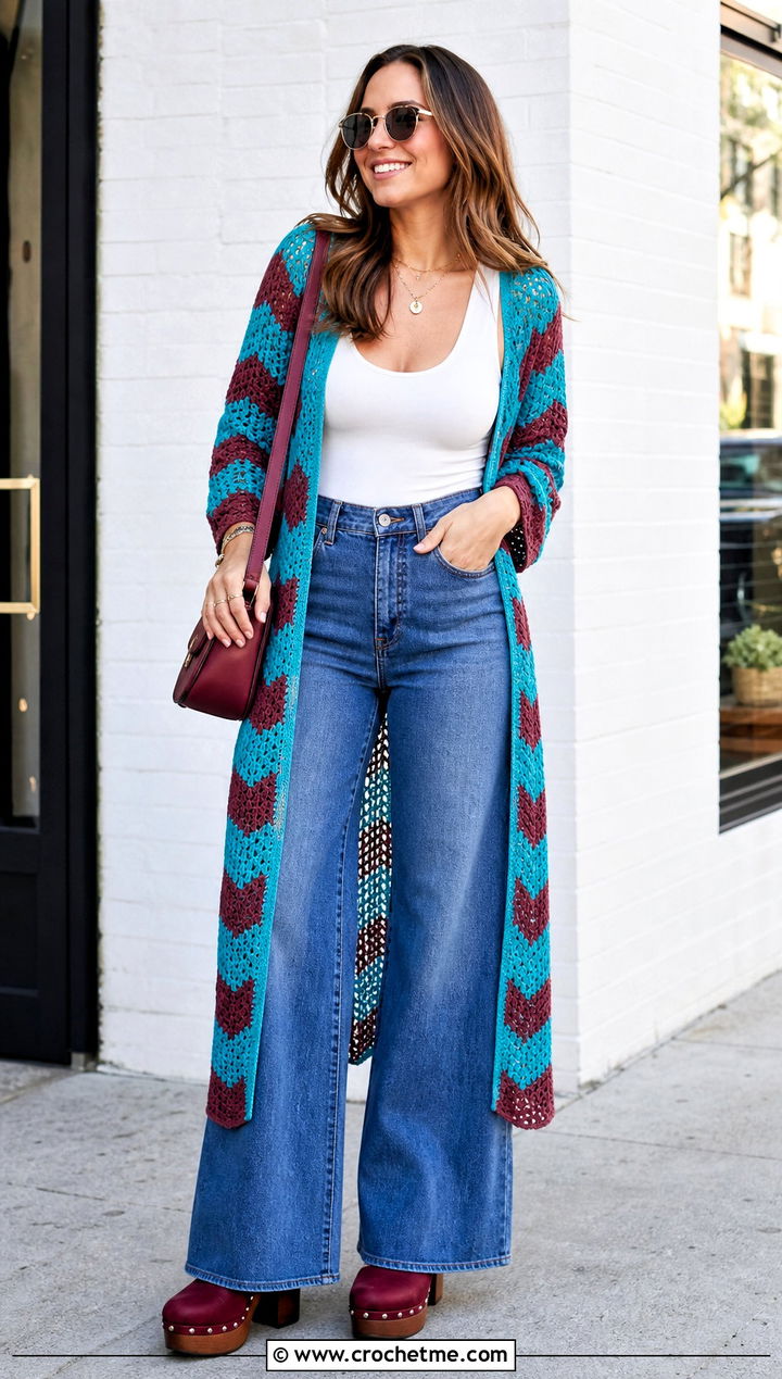Chevron Crochet Duster With Wide Leg Jeans - 35 crochet long jacket outfit ideas