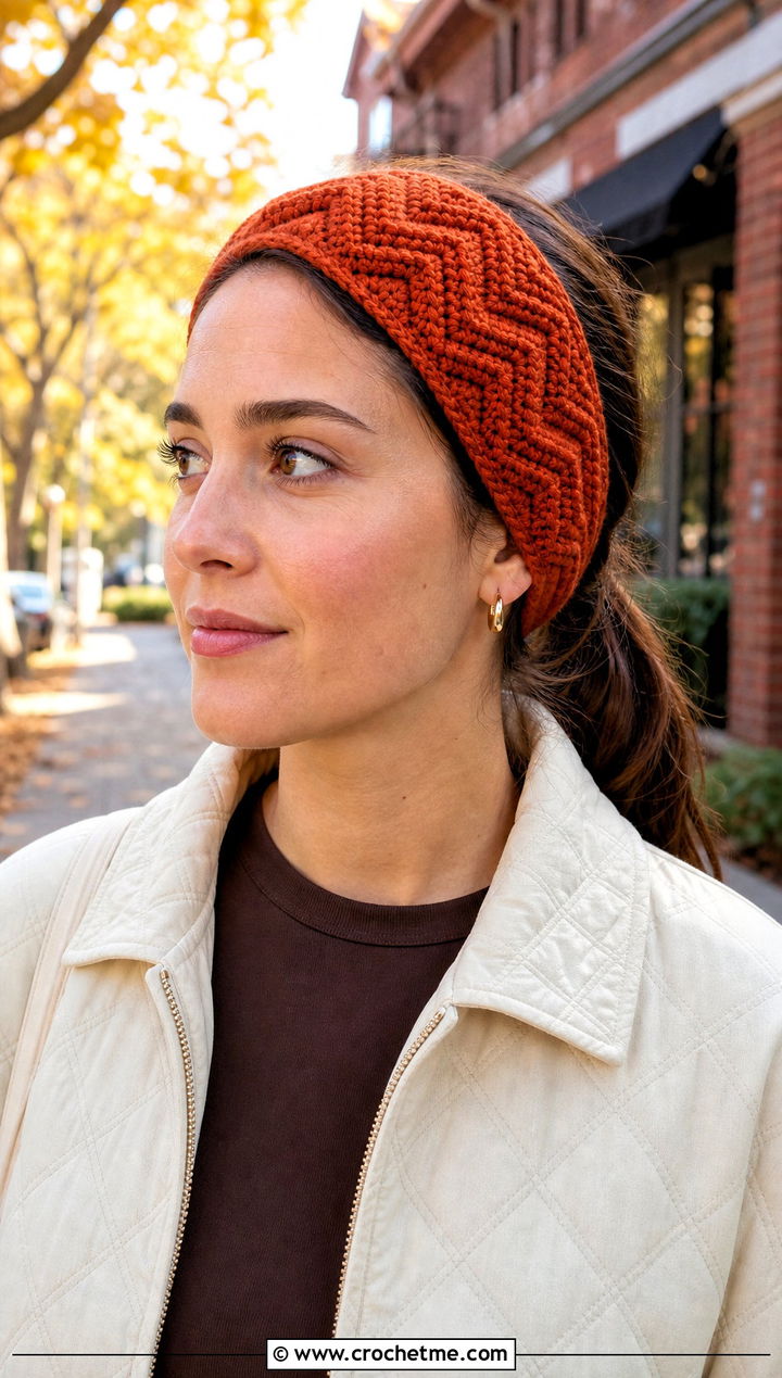 Chevron Crochet Ear Headband With Quilted Jacket And Flared Jeans - 30 crochet ear headband outfit ideas