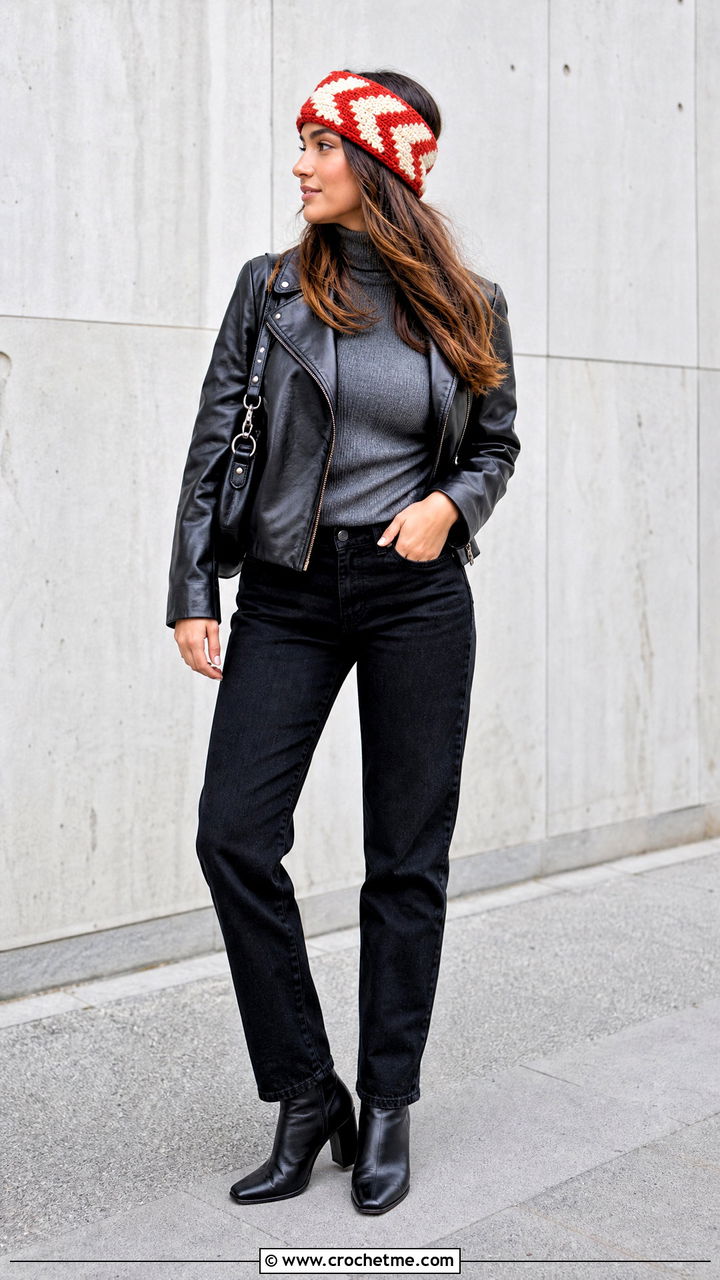 Chevron Crochet Ear Warmer With Leather Jacket And Black Jeans - 35 crochet ear warmer outfit ideas