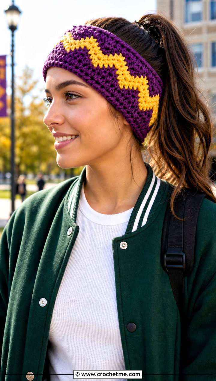 Chevron Crochet Ear Warmer With Varsity Jacket - 25 Diy Crochet Headband Ear Warmers outfit ideas