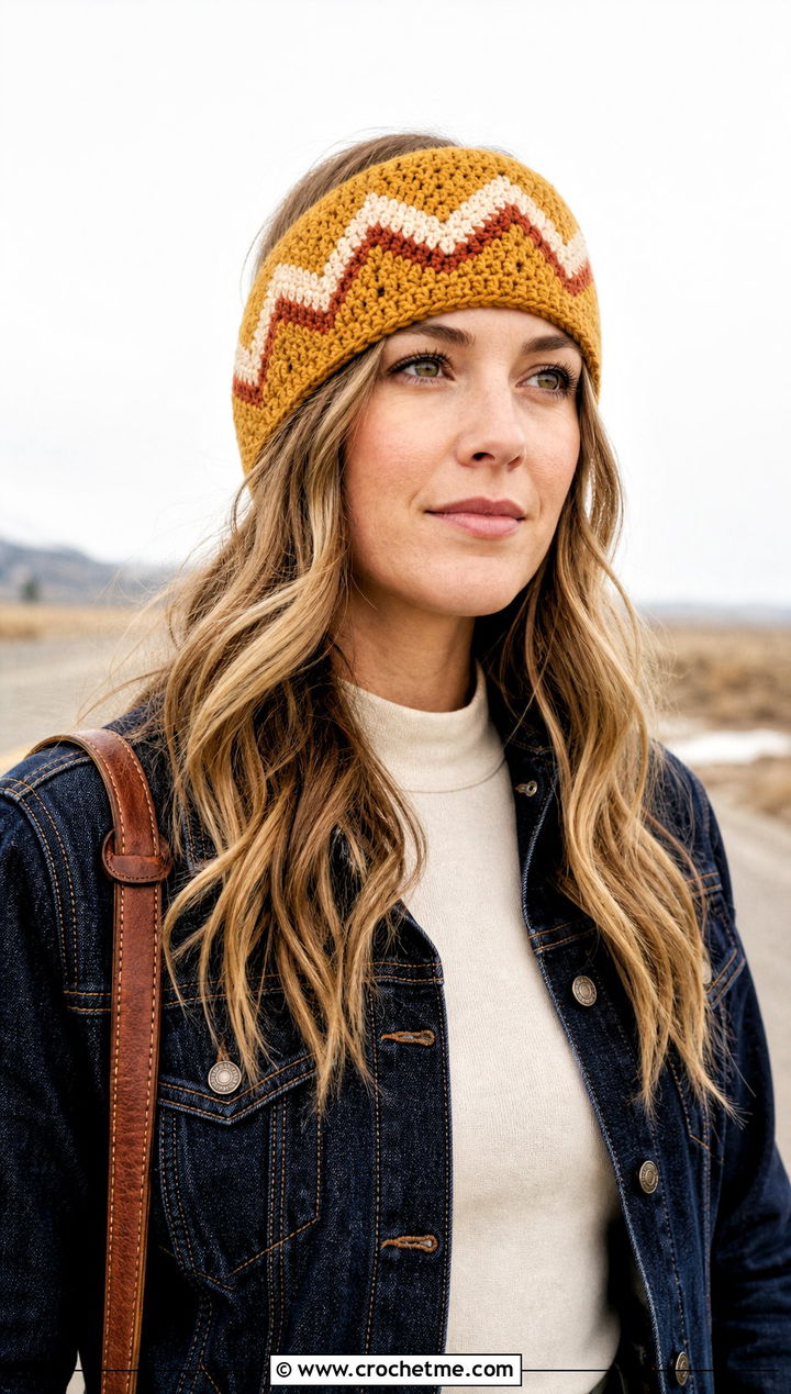 Chevron Crochet Ear Warmer With Western Jacket - 25 Easy Crocheted Headbands Ear Warmers outfit ideas