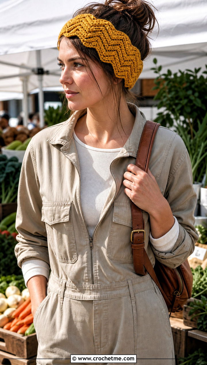 Chevron Crochet Ear Wrap With Utility Jumpsuit - 20 crochet ear wrap outfit ideas