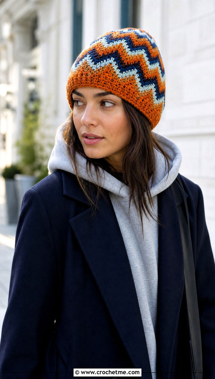 Chevron Crochet Fair Isle Beanie With Hoodie - 25 Crochet Fair Isle Hat outfit ideas