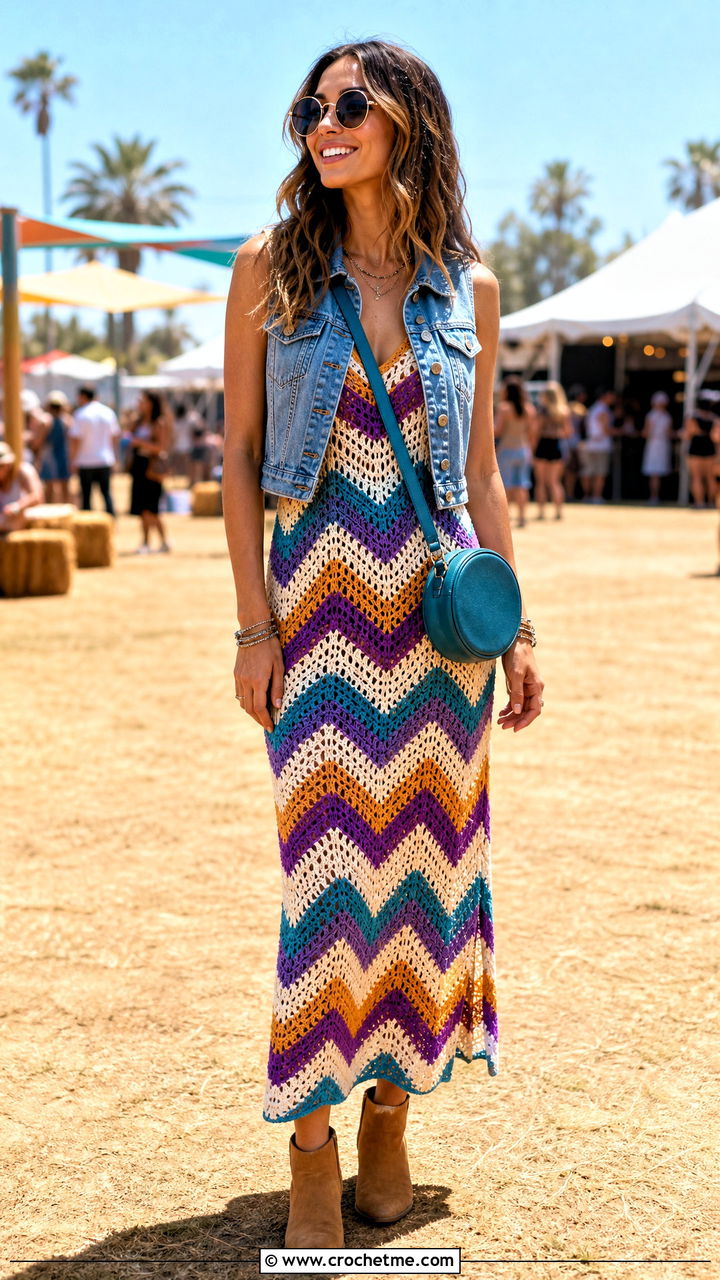 Chevron Crochet Festival Dress With Suede Boots - 35 crochet festival dress outfit ideas