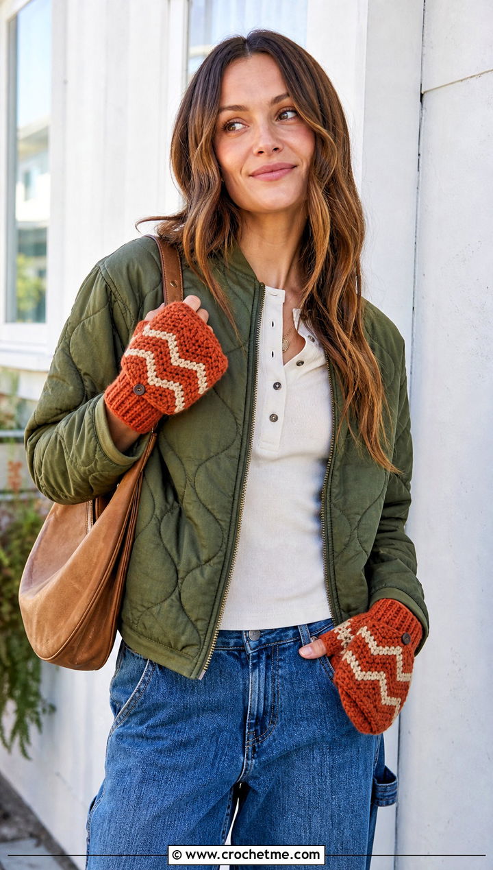 Chevron Crochet Fingerless Gloves With Flap And Quilted Jacket - 30 crochet fingerless gloves with flap outfit ideas