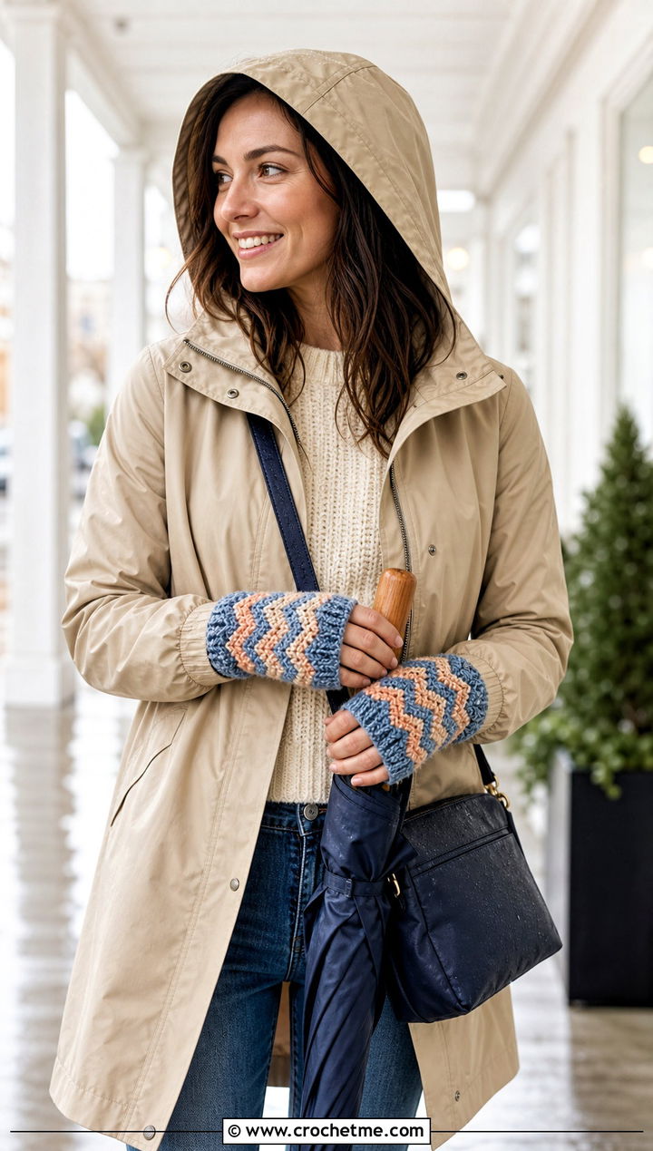 Chevron Crochet Fingerless Gloves With Raincoat And Straight Jeans - 25 Simple Crochet Fingerless Gloves outfit ideas