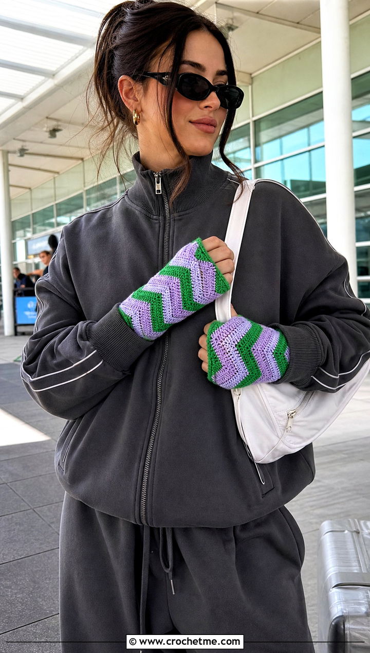 Chevron Crochet Fingerless Gloves With Tracksuit - 35 crochet gloves fingers outfit ideas