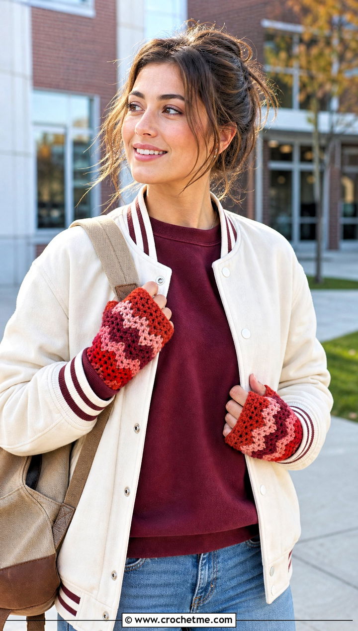 Chevron Crochet Fingerless Mitts With Varsity Jacket - 25 Crochet Fingerless Mitts outfit ideas