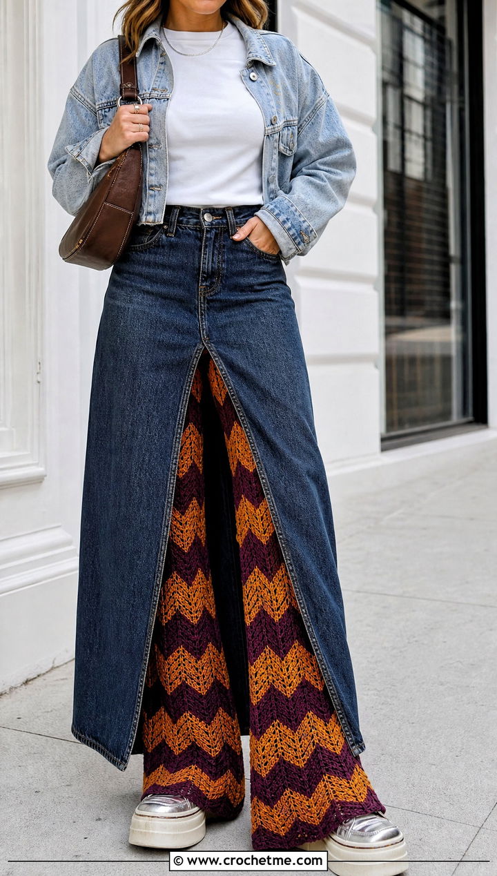 Chevron Crochet Flared Leg Warmers With Denim Maxi Skirt - 30 Crochet Flared Leg Warmers outfit ideas
