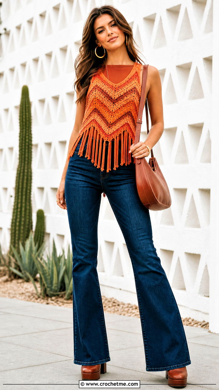 Chevron Crochet Fringe Top With Flare Jeans - 35 Crochet Fringe Top outfit ideas
