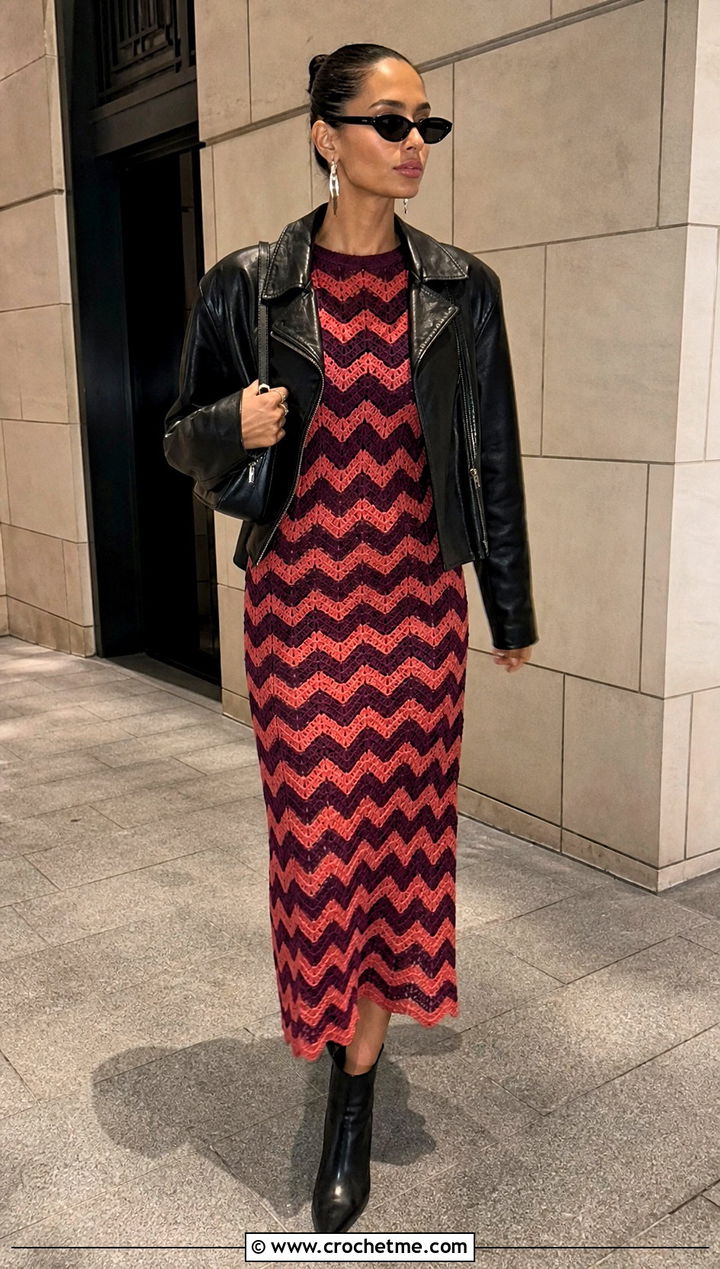 Chevron Crochet Frock With Leather Jacket - 35 crochet frock outfit ideas