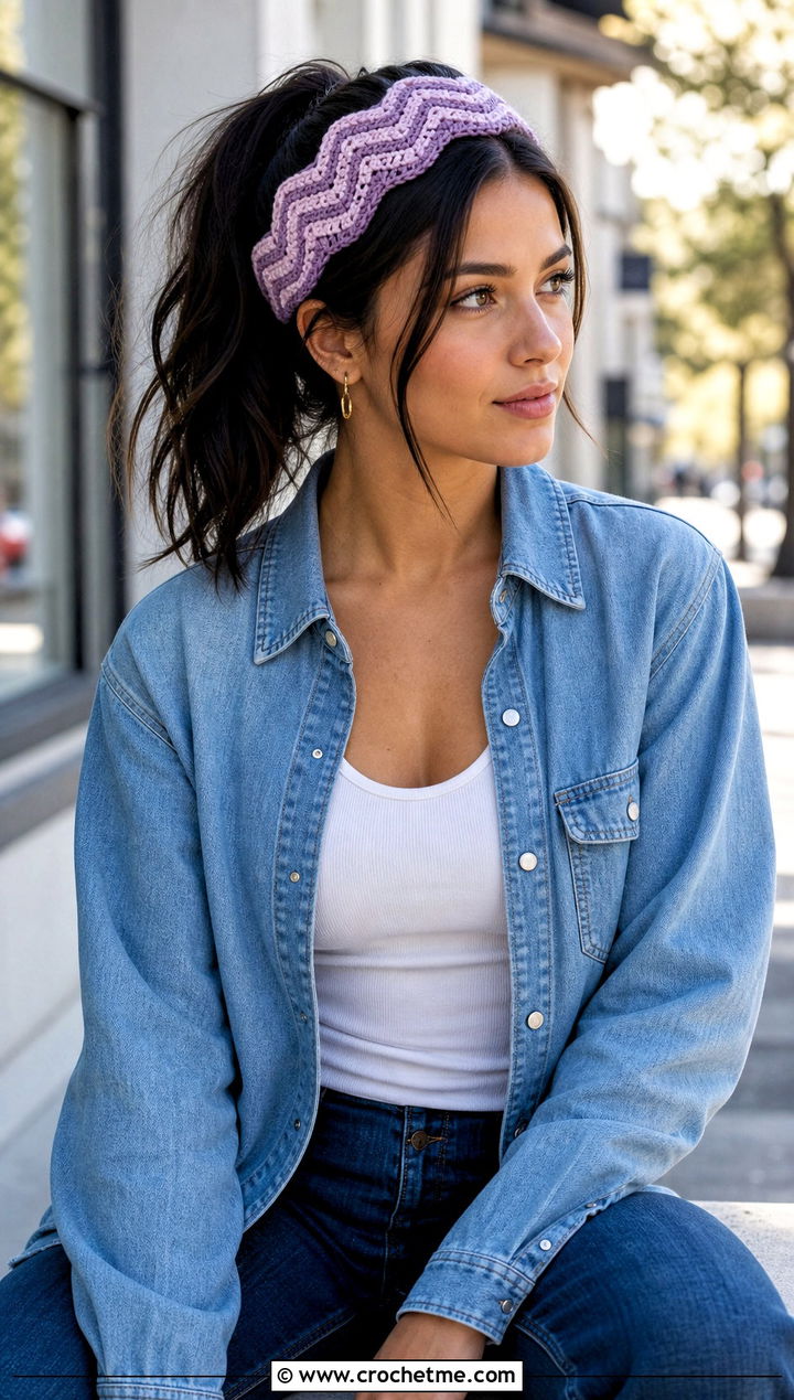 Chevron Crochet Hair Headband With Denim Shirt And Jeans - 30 crochet hair headband outfit ideas