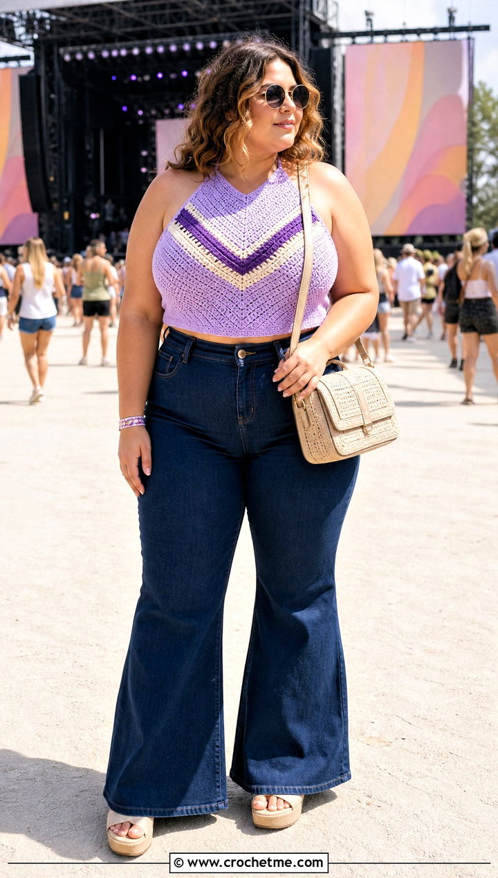 Chevron Crochet Halter Top With Flared Jeans - 30 plus size crochet halter top outfit ideas
