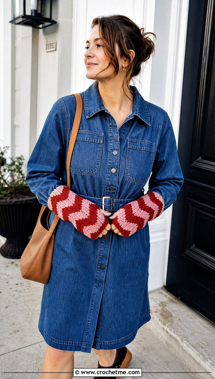 Chevron Crochet Hand Warmers With Denim Dress - 30 easy crochet hand warmers outfit ideas