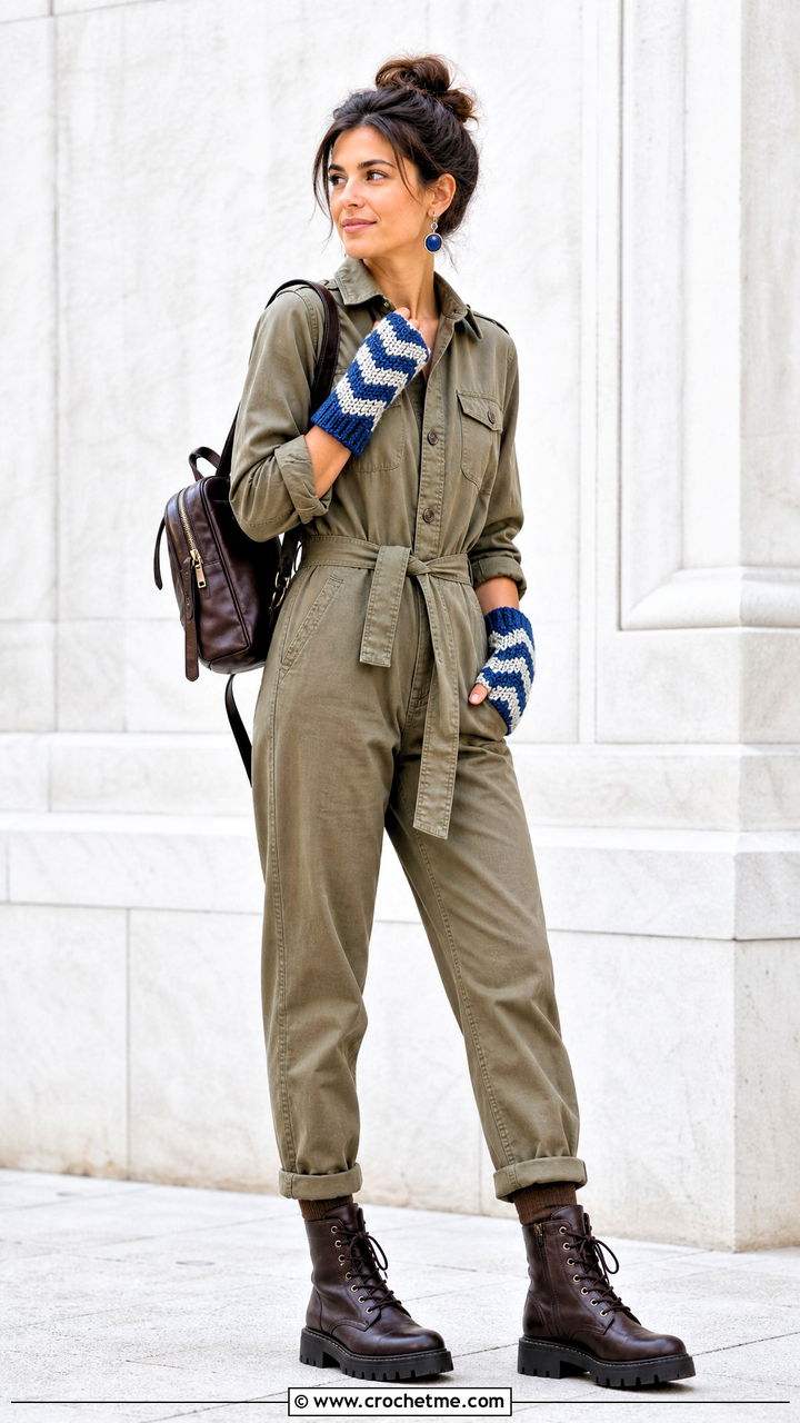 Chevron Crochet Hand Warmers With Utility Jumpsuit - 35 crochet hand warmers outfit ideas