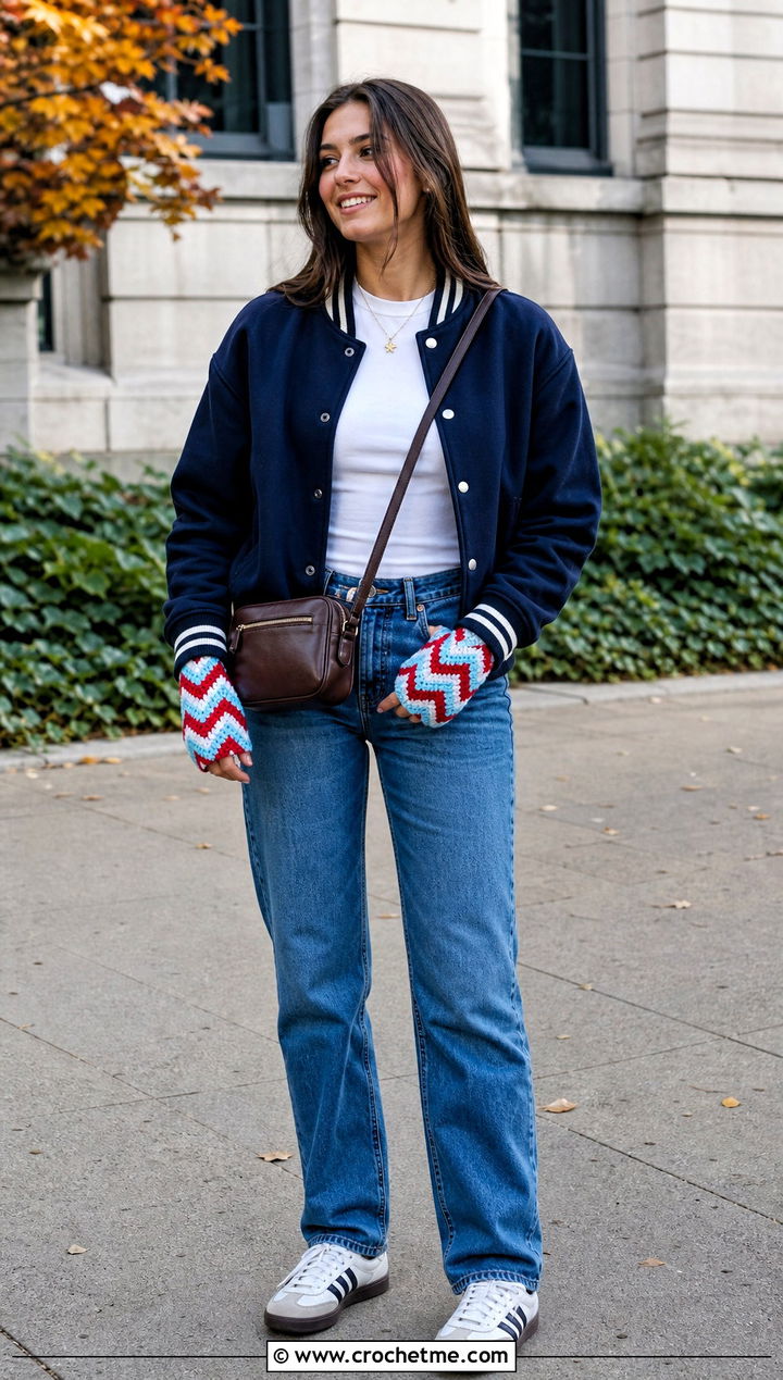 Chevron Crochet Handwarmers With A Varsity Jacket - 35 crochet handwarmers outfit ideas