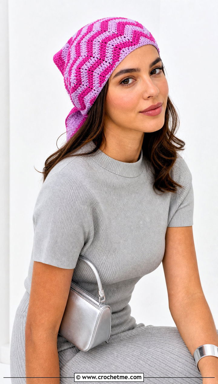 Chevron Crochet Head Scarf With Monochrome Knit Set - 25 Crochet Boho Head Scarf outfit ideas