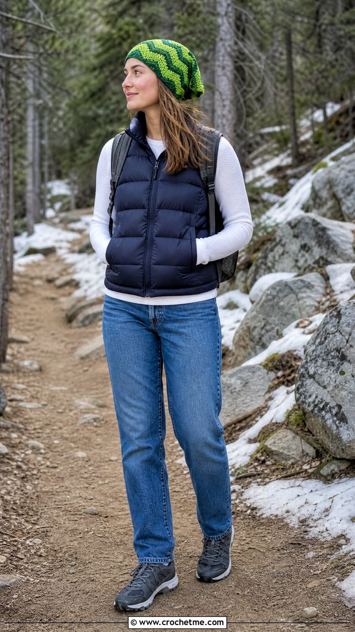 Chevron Crochet Head Scarf With Puffer Vest And Jeans - 35 crochet head scarf outfit ideas