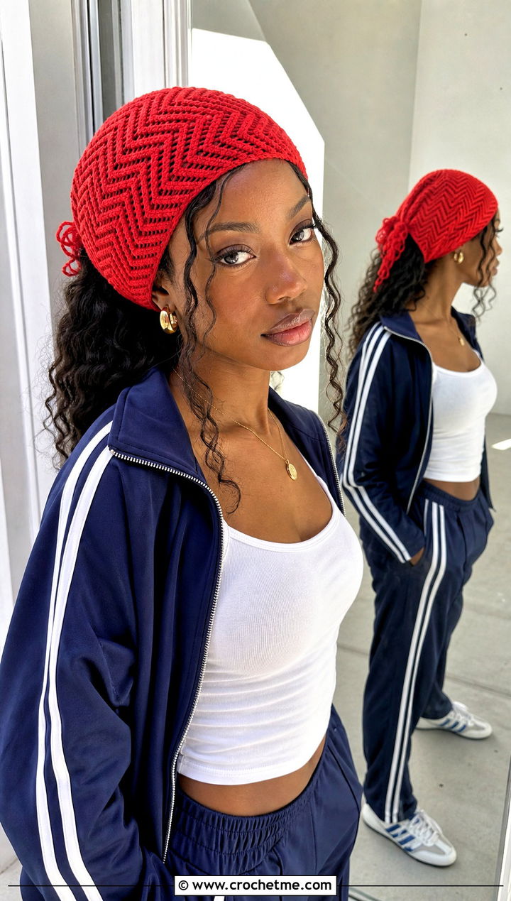 Chevron Crochet Head Wrap With Tracksuit - 30 crochet head wrap outfit ideas