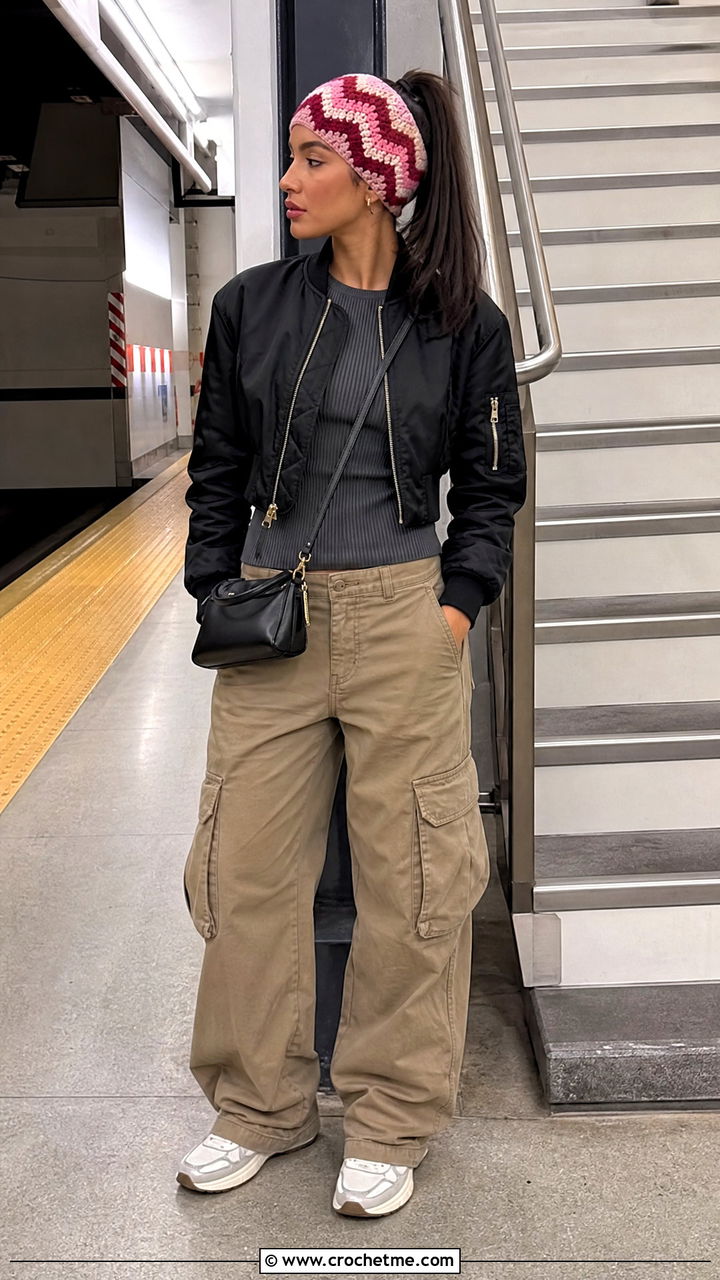 Chevron Crochet Headband With Cargo Pants And Bomber Jacket - 35 crochet head band outfit ideas