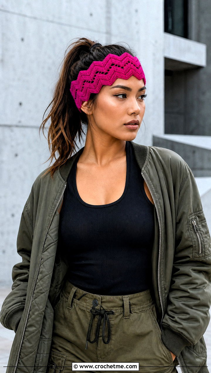 Chevron Crochet Headband With Cargo Pants - 30 crochet headband for women outfit ideas