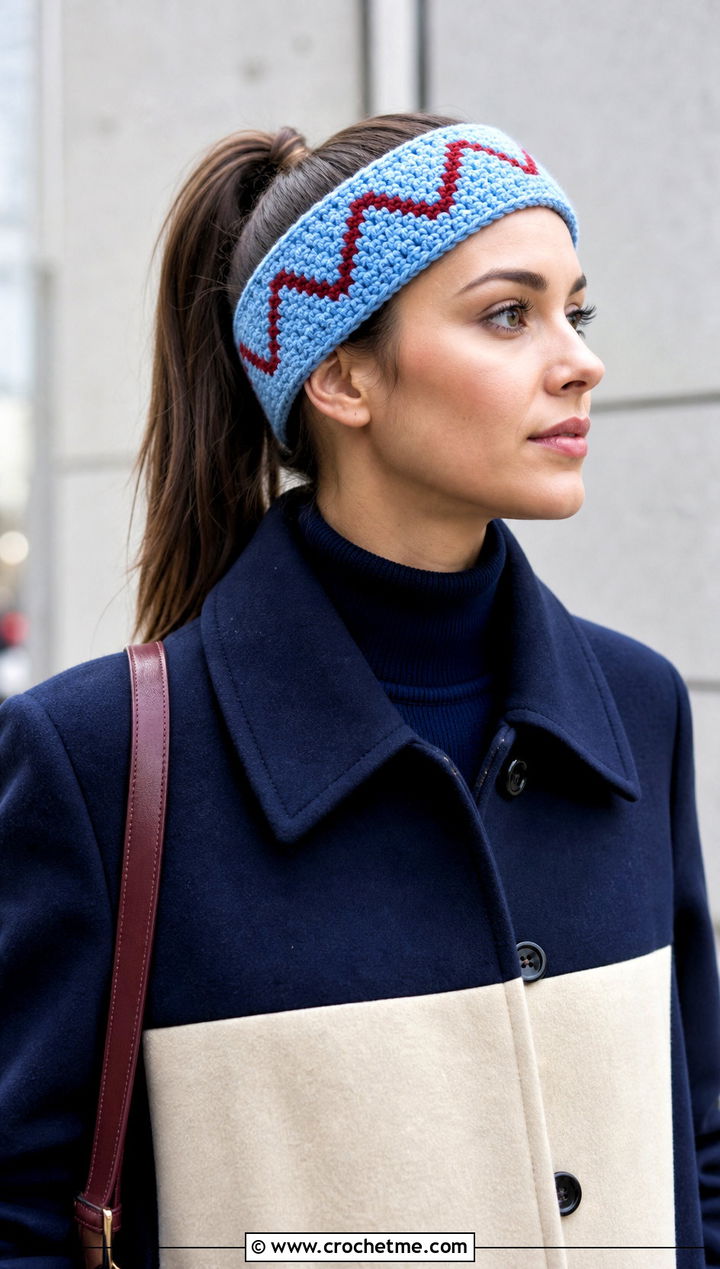 Chevron Crochet Headband With Color Block Coat - 25 Easy Crochet Winter Headband outfit ideas
