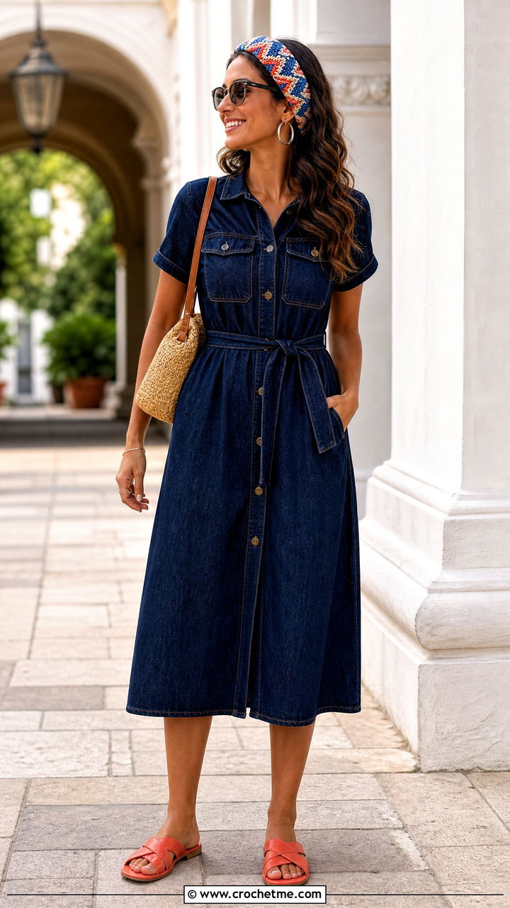 Chevron Crochet Headband With Denim Dress - 35 crochet headbands for women outfit ideas