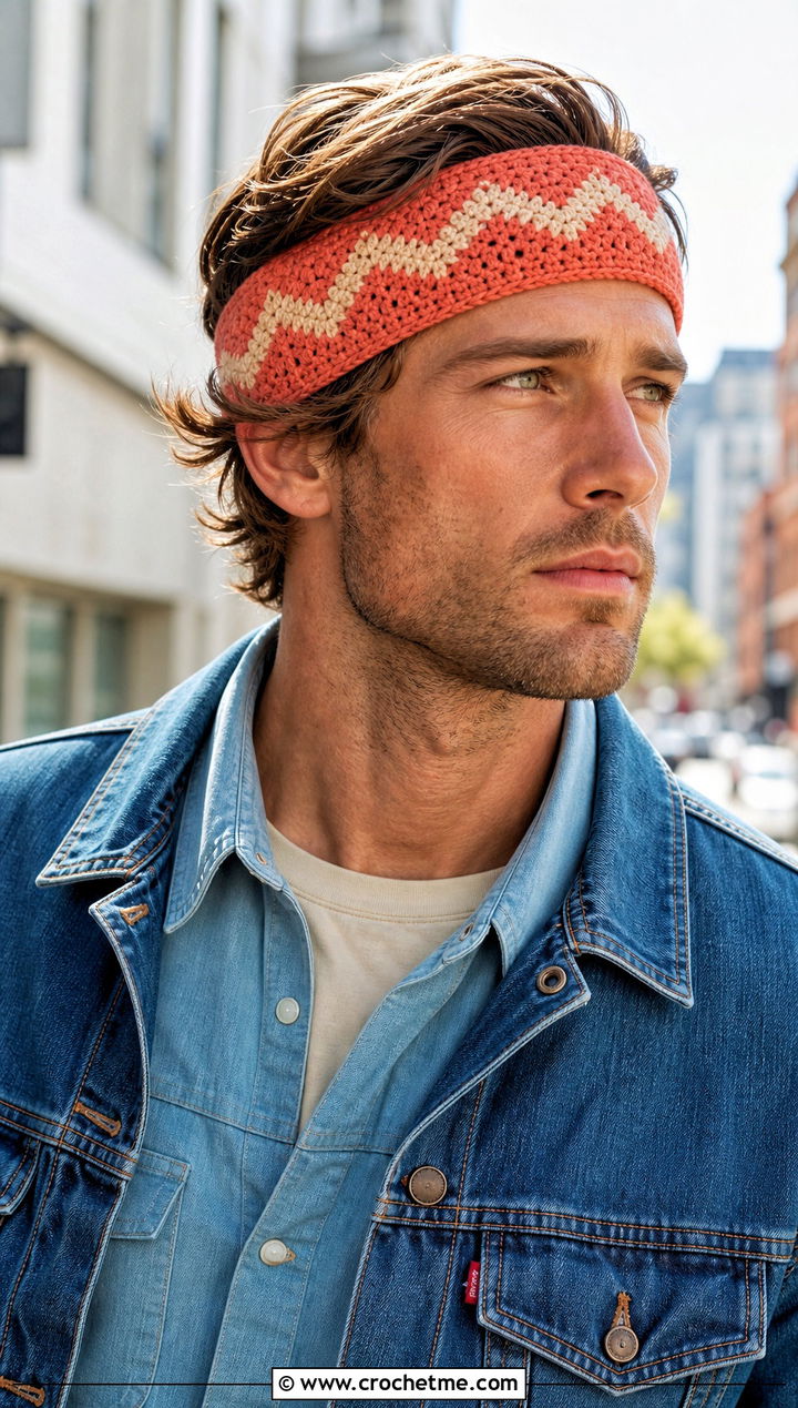 Chevron Crochet Headband With Double Denim - 25 men's crochet headband outfit ideas