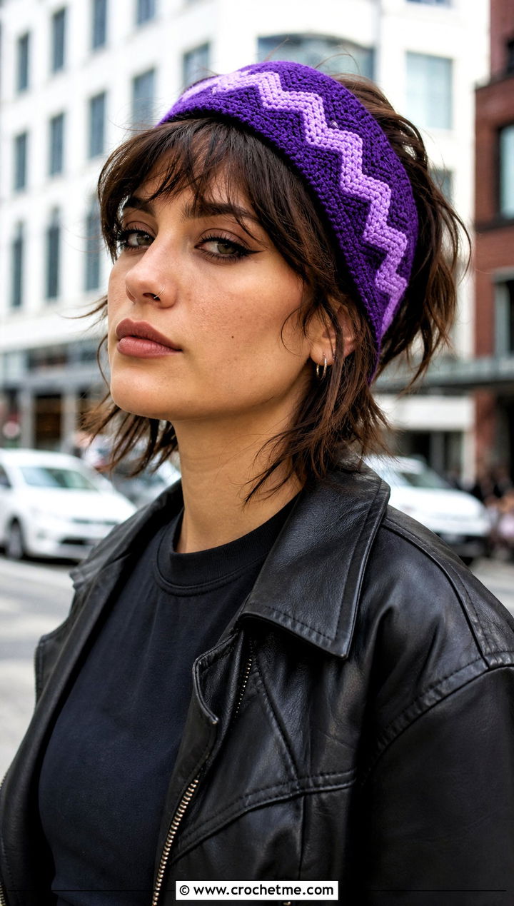Chevron Crochet Headband With Leather Jacket - 25 crochet headband for short hair outfit ideas