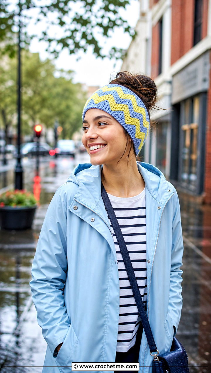 Chevron Crochet Headband With Raincoat And Cropped Pants - 25 crochet for headbands outfit ideas