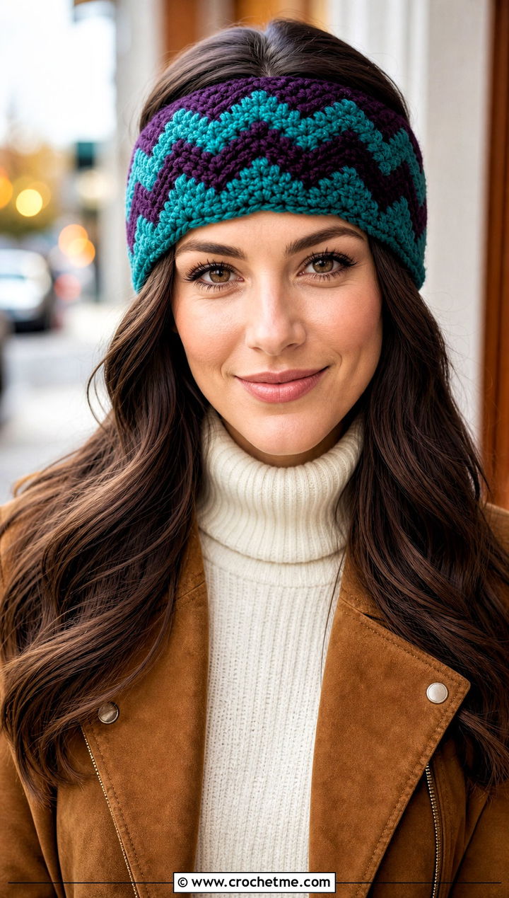 Chevron Crochet Headband With Suede Jacket - 30 crochet fall headband outfit ideas