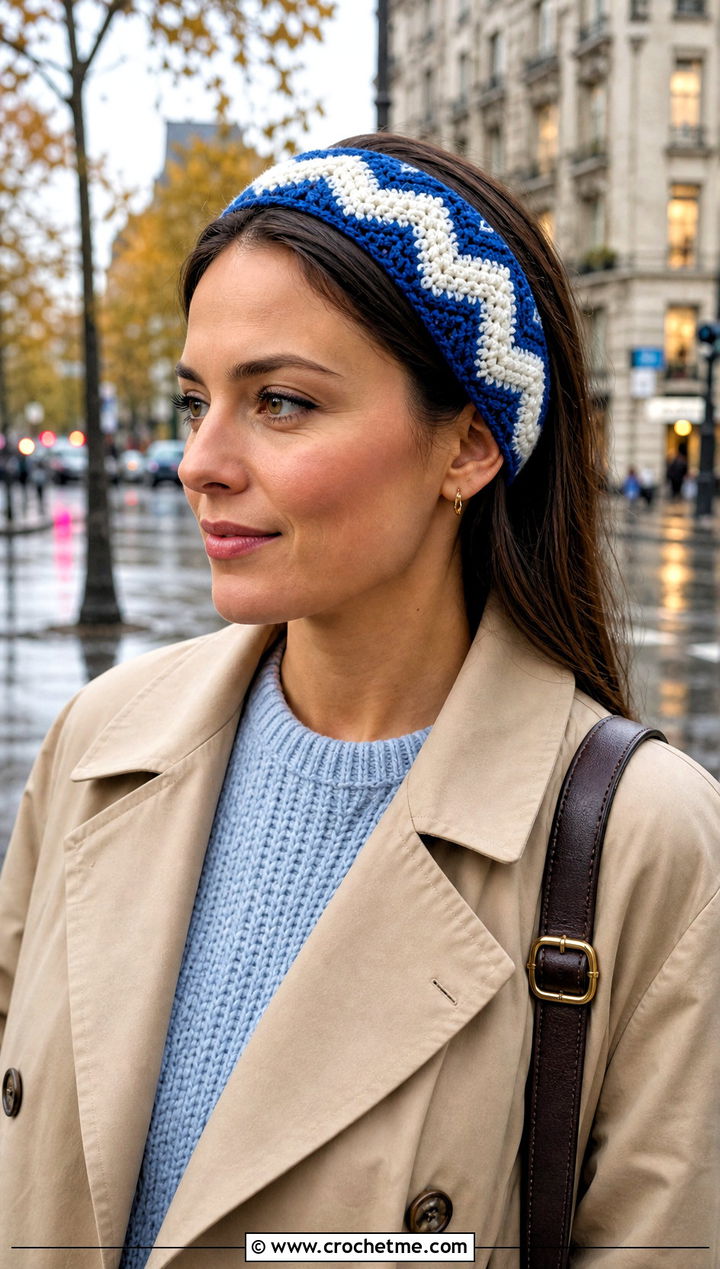 Chevron Crochet Headband With Trench Coat - 30 boho crochet headband outfit ideas