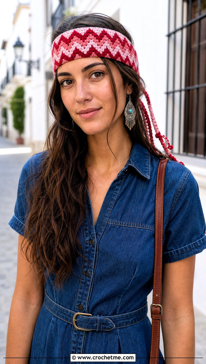 Chevron Crochet Hippie Headband With Denim Dress - 25 crochet hippie headband outfit ideas