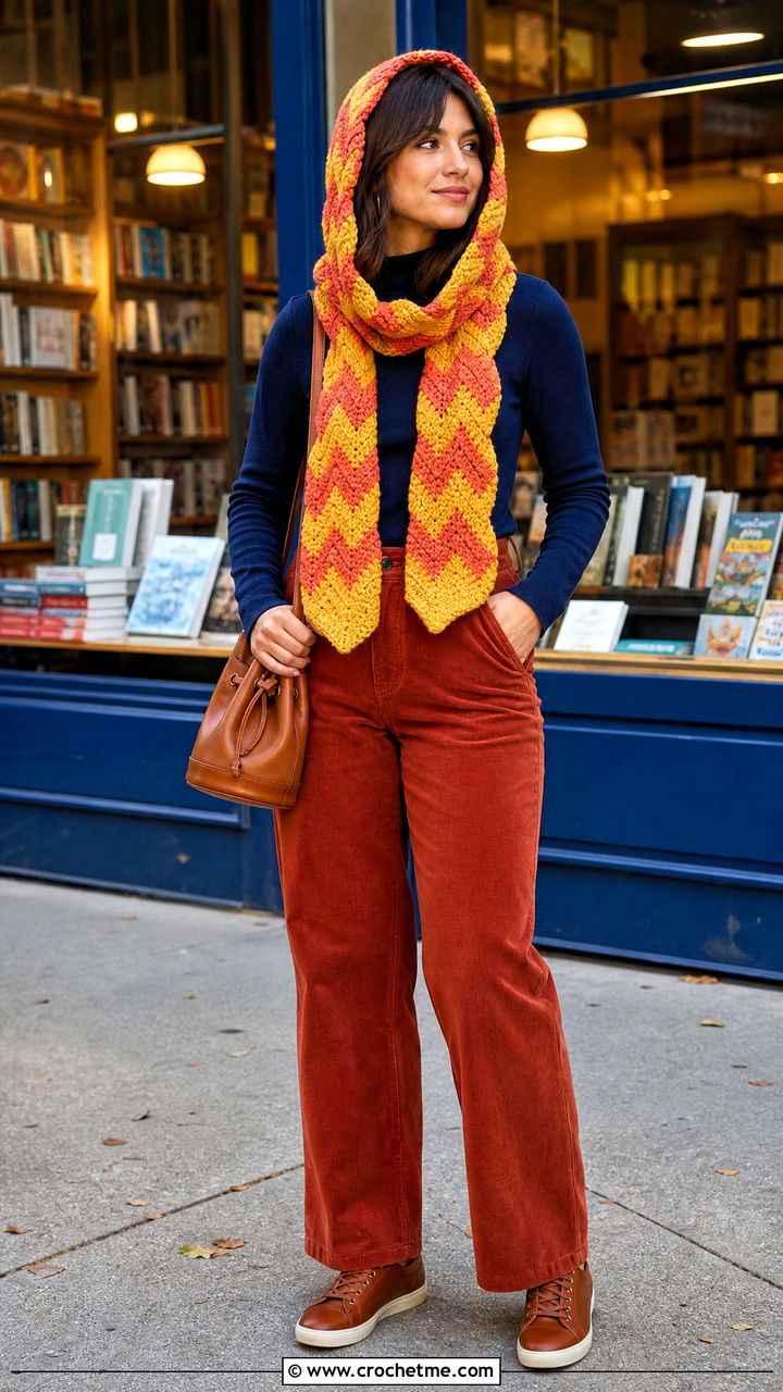 Chevron Crochet Hood Scarf With Corduroy Pants - 35 crochet hood scarf outfit ideas