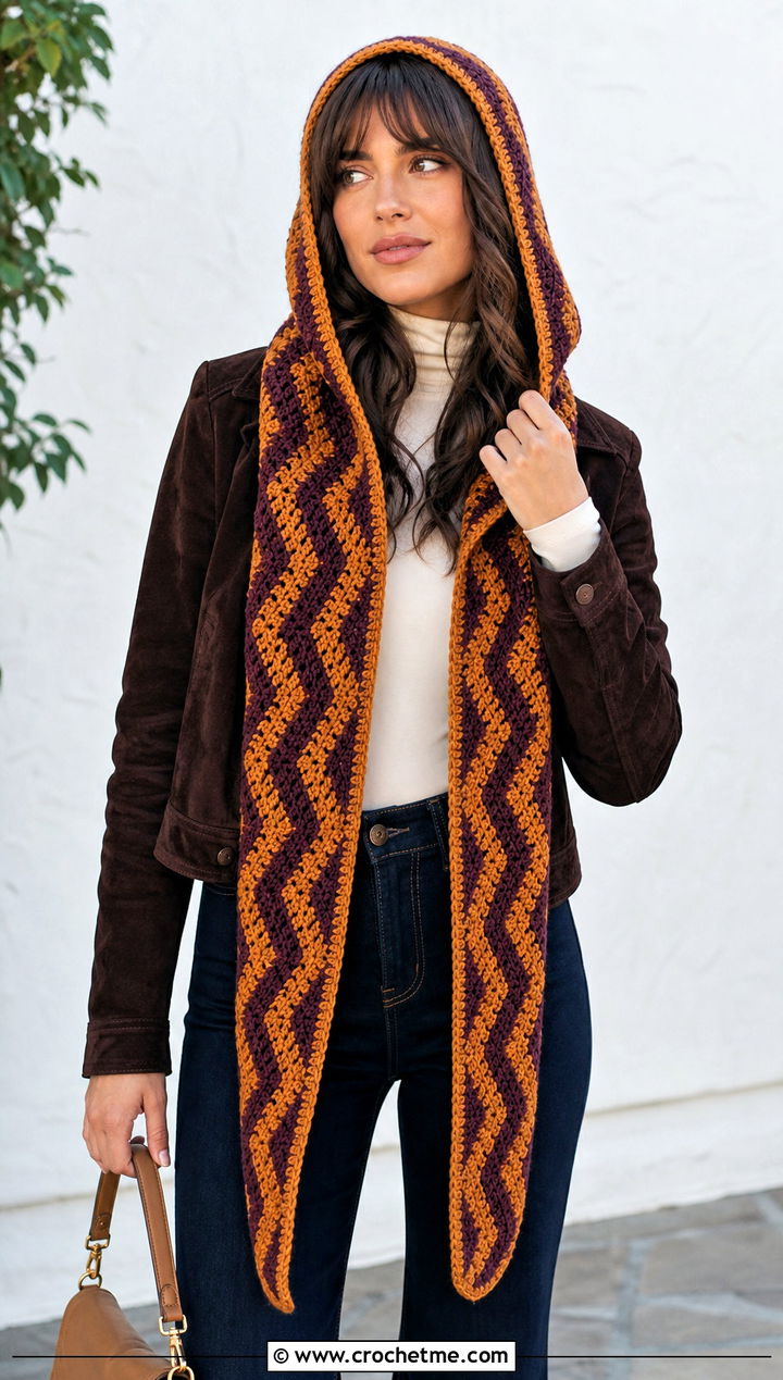 Chevron Crochet Hooded Scarf With Flared Jeans Outfit - 30 crochet scarf with hood outfit ideas