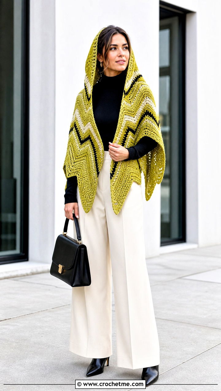 Chevron Crochet Hooded Shawl With Wide Leg Trousers - 35 crochet hooded shawl outfit ideas