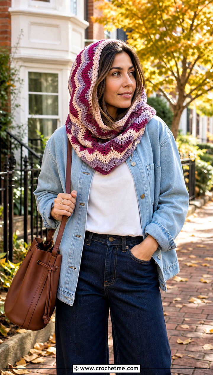 Chevron Crochet Hooded Snood With Denim Chore Jacket - 15 crochet infinity scarf with hood outfit ideas