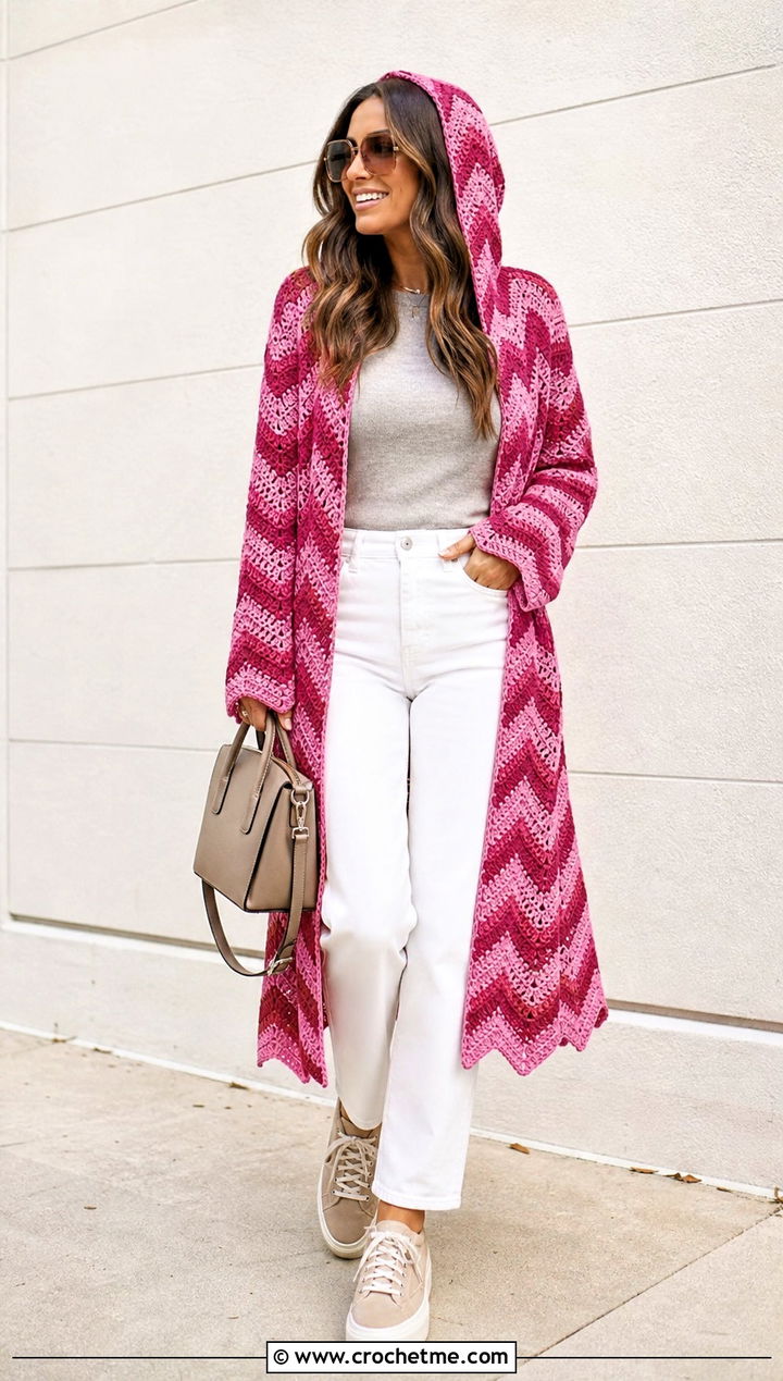 Chevron Crochet Hoodie Blanket With White Jeans - 25 crochet hoodie blanket outfit ideas