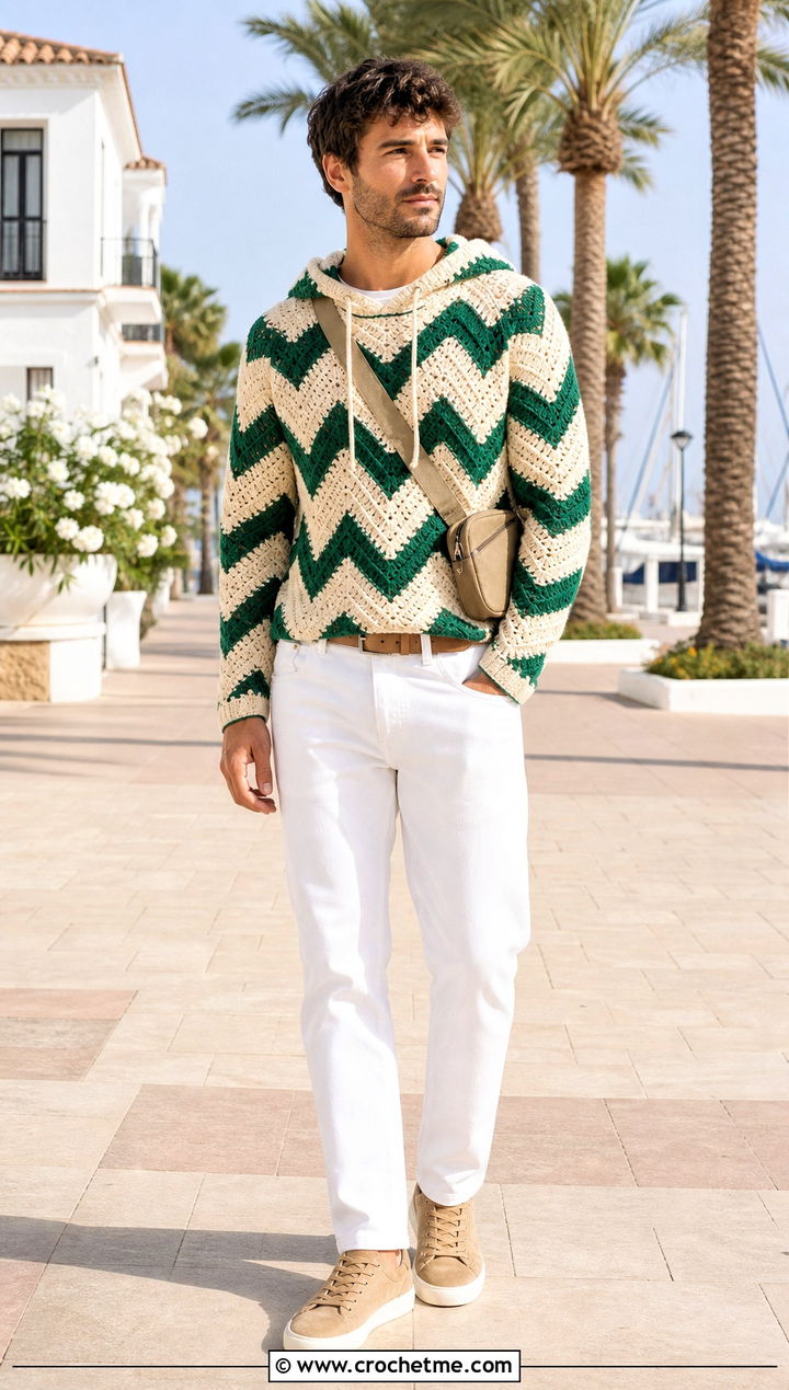 Chevron Crochet Hoodie With White Jeans - 30 Crochet Hoodies For Men outfit ideas