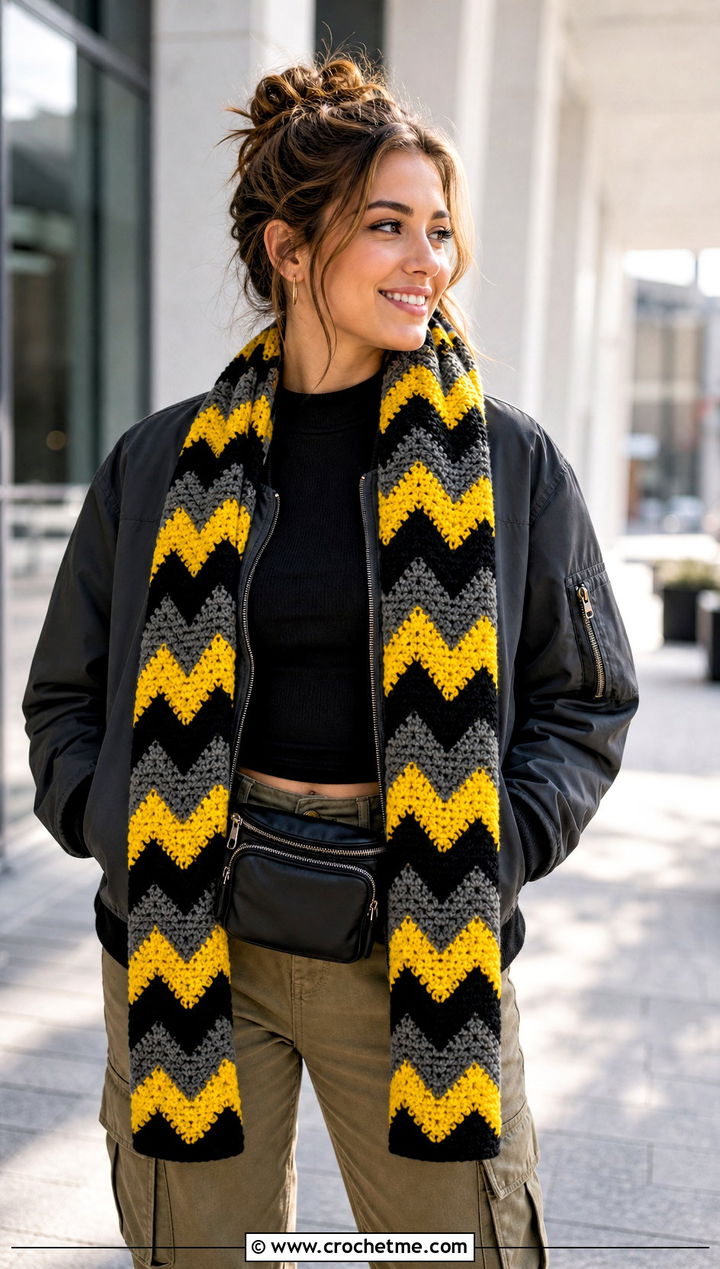 Chevron Crochet Hufflepuff Scarf With Cargo Pants - 30 crochet hufflepuff scarf outfit ideas