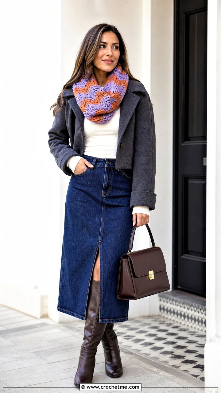 Chevron Crochet Infinity Scarf With Denim Midi Skirt - 35 crochet infinity scarf outfit ideas