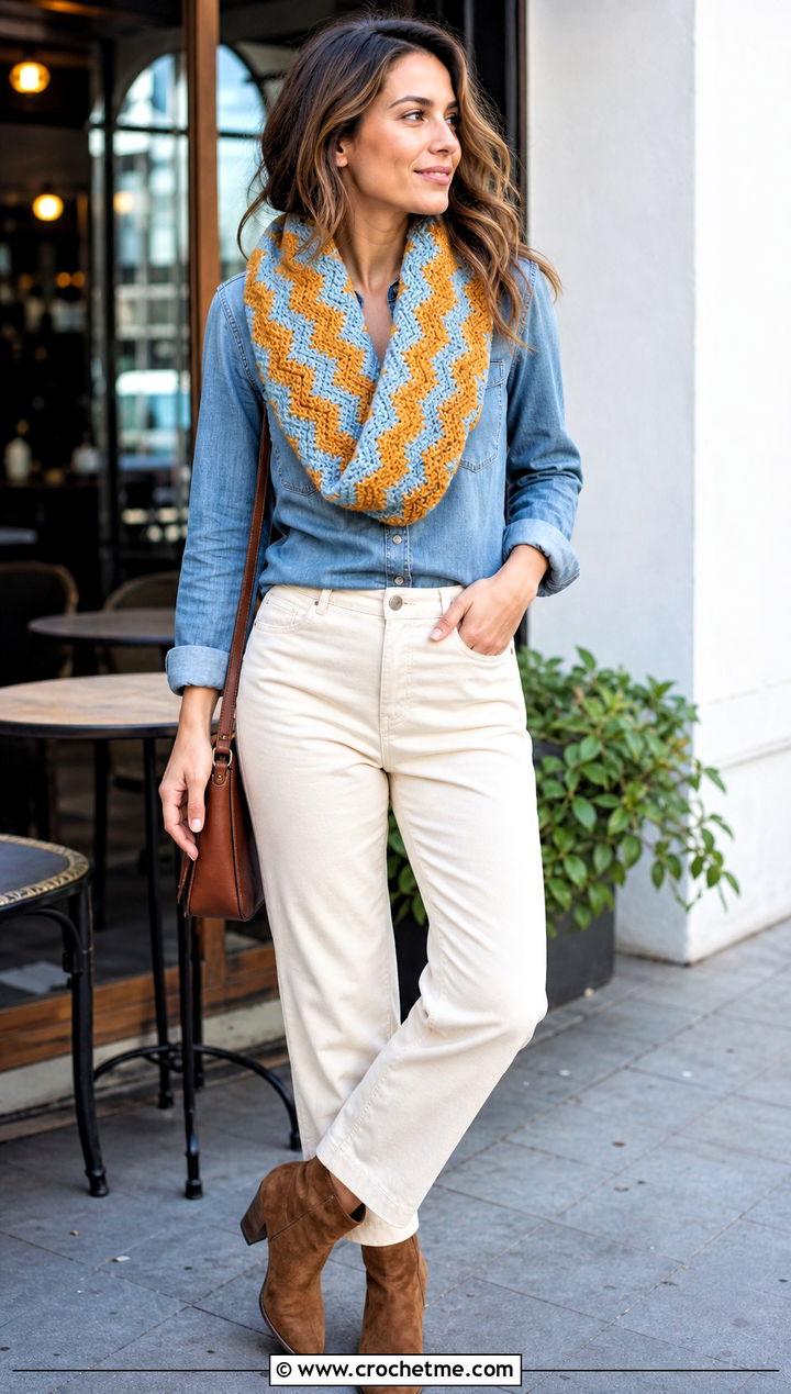 Chevron Crochet Infinity Scarf With Denim Shirt - 30 crochet infinity scarves outfit ideas