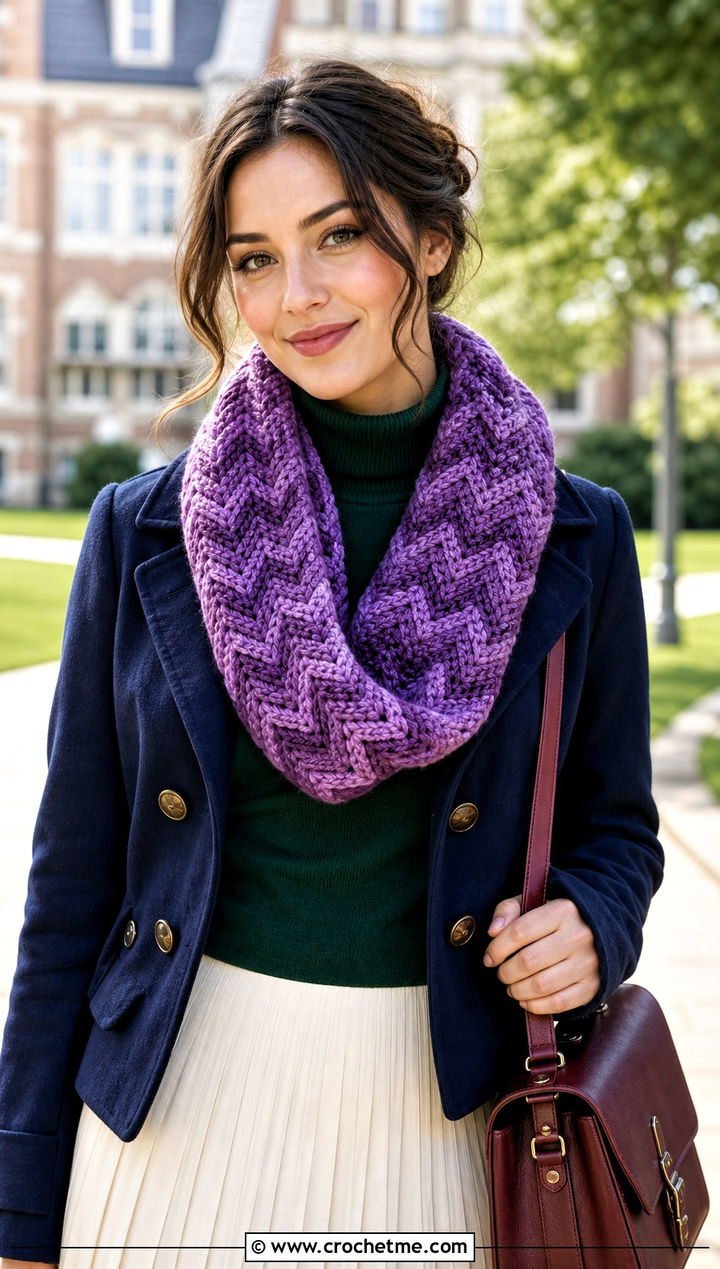 Chevron Crochet Infinity Scarf With Turtleneck And Pleated Skirt - 15 Oversized Crochet Infinity Scarf outfit ideas