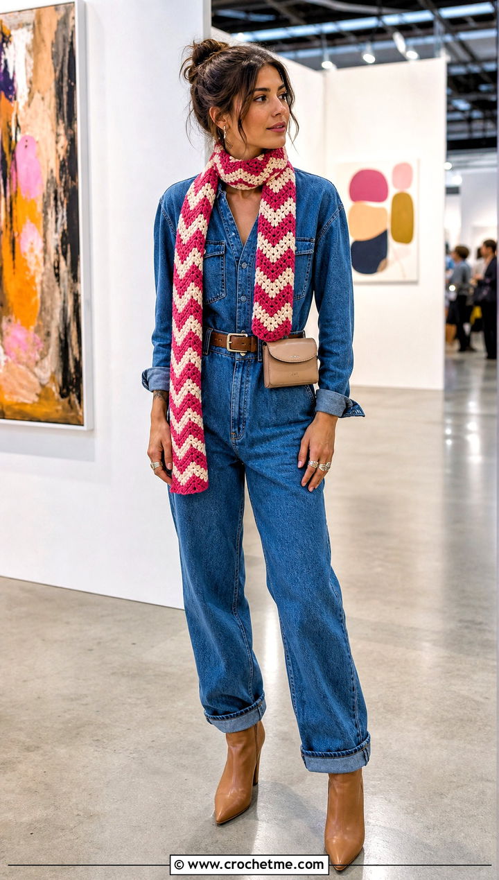 Chevron Crochet Keyhole Scarf With Denim Jumpsuit - 35 crochet keyhole scarf outfit ideas