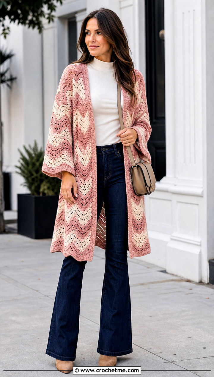 Chevron Crochet Kimono With Flared Jeans And Heeled Boots - 30 Boho Crochet Kimono outfit ideas