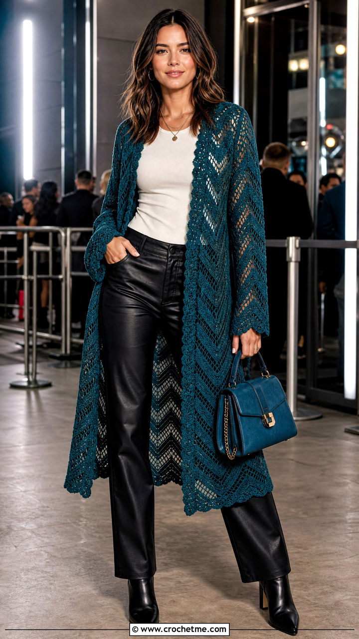 Chevron Crochet Kimono With Leather Pants - 35 crochet kimono outfit ideas