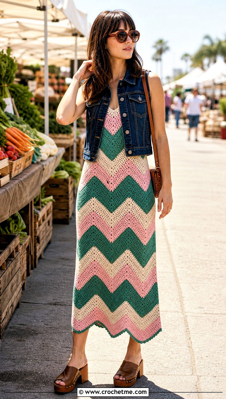 Chevron Crochet Knit Midi Dress With Denim Vest - 35 Crochet Knit Dress outfit ideas