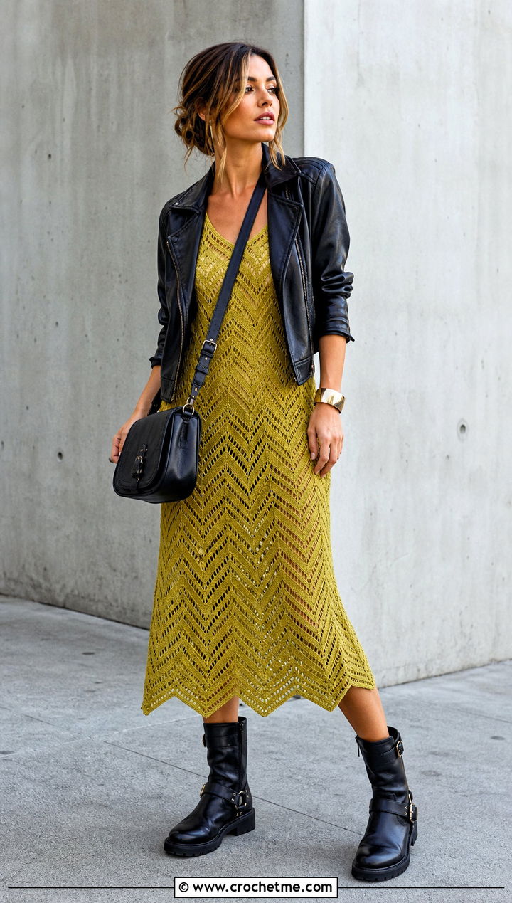 Chevron Crochet Lace Dress With Moto Boots - 35 Crochet Lace Dress outfit ideas